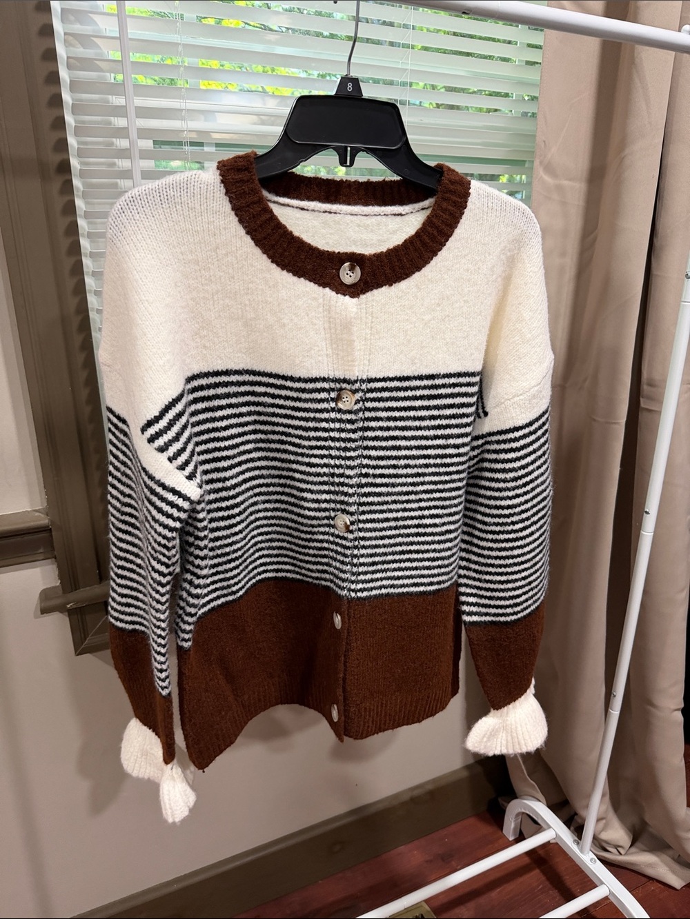 Amazon Cream, Brown & Black Striped Button-Front Cardigan